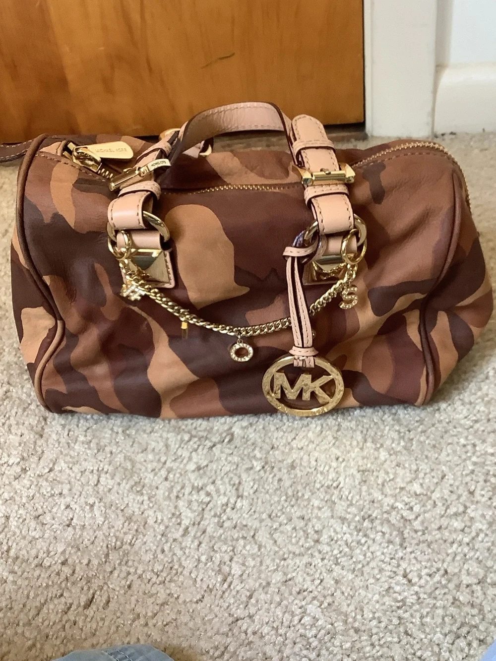 Michael Kors Brown & Tan Camo Satchel with Gold Hardware